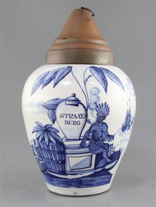 A Dutch delft blue and white tobacco jar and copper cover, late 18th century, height 27.5cm